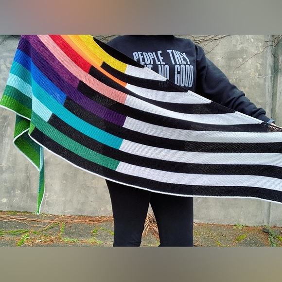 Handmade knit Rainbow color block scarf shawl wrap Pride - Picture 3 of 4
